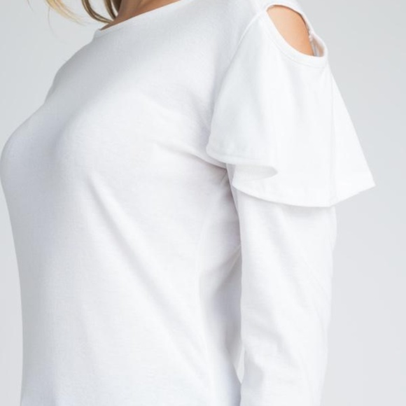Cold Shoulder Ruffle Long Sleeve Top- White - Picture 4 of 5